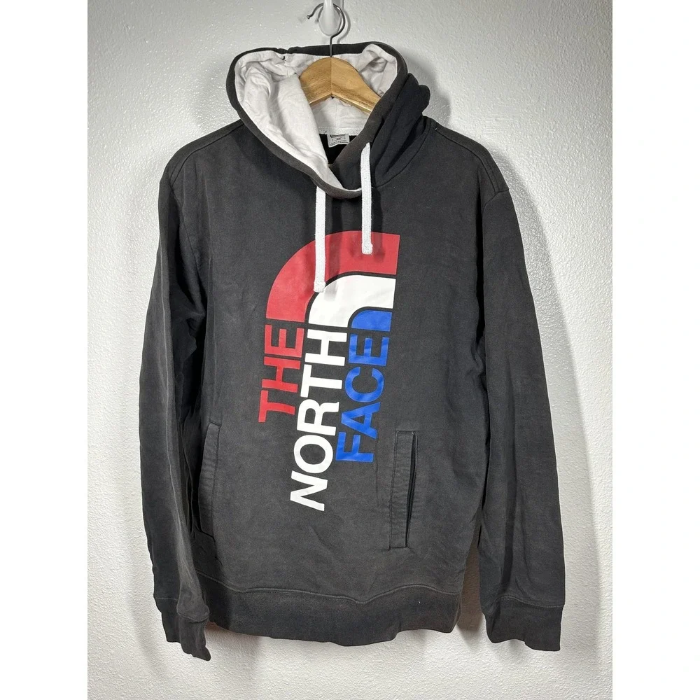 North Face Hoodie Mens Medium‎ Black Red Blue Pullover Sweatshirt Logo Graphic